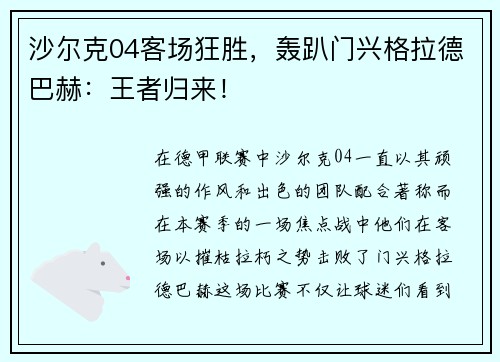 沙尔克04客场狂胜，轰趴门兴格拉德巴赫：王者归来！
